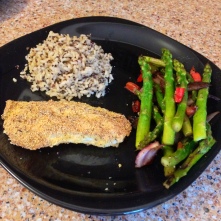 Crispy orange roughy with grilled asparagus and brown rice with quinoa